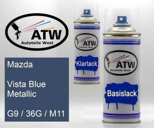 Mazda, Vista Blue Metallic, G9 / 36G / M11: 400ml Sprühdose + 400ml Klarlack - Set, von ATW Autoteile West.